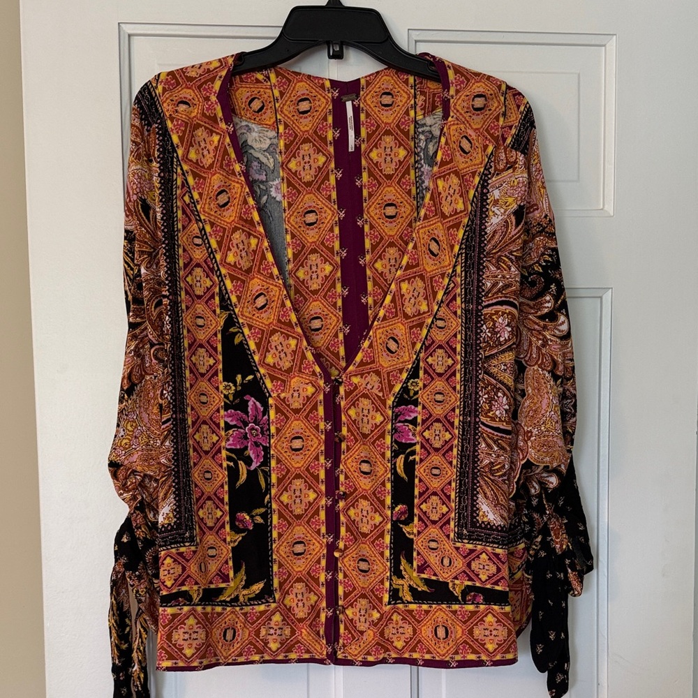 Free People Orange Pink and Black Patterned Blouse